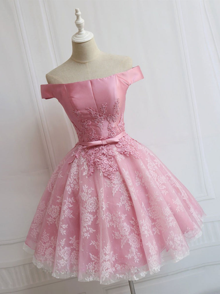 Off the Shoulder Short Pink Lace Prom Dresses, Off Shoulder Pink Homecoming Dresses, Short Pink Formal Evening Dresses