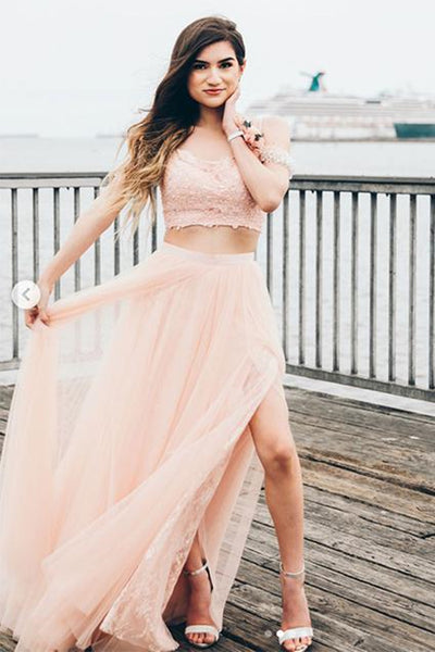 Off the Shoulder Two Pieces Pink Lace Long Prom Dresses, 2 Piece Pink Formal Dresses, Off Shoulder Pink Evening Dresses
