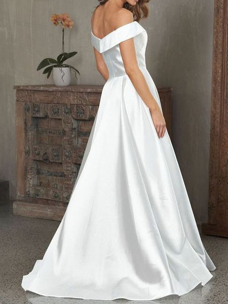 Off the Shoulder V Neck White Satin Long Prom Dresses, V Neck Off Shoulder White Formal Evening Dresses