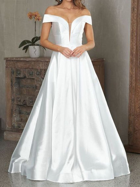 Off the Shoulder V Neck White Satin Long Prom Dresses, V Neck Off Shoulder White Formal Evening Dresses