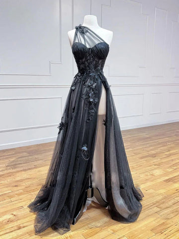 Elegant Strapless Black Lace Long Prom Dresses with Train, Black