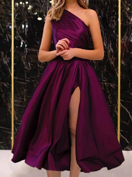 One Shoulder Black/Purple Satin Tea Length Prom Dresses, Black/Purple Homecoming Dresses, Short Black/Purple Formal Evening Dresses SP2487