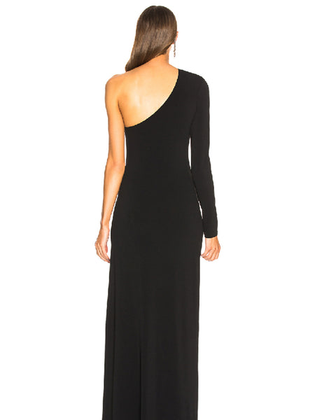 One Shoulder Black Velvet Long Prom Dresses with High Slit, Long Black Velvet Formal Evening Dresses
