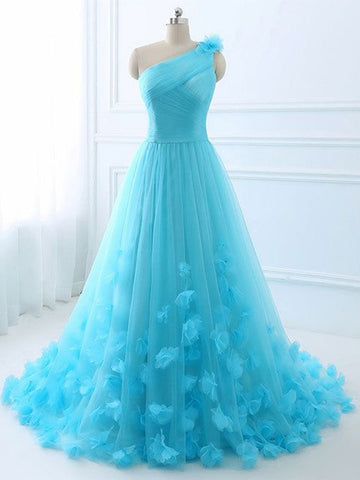 One Shoulder Blue Floral Long Prom Dresses, Blue Formal Evening Dresses with 3D Flowers, Blue Ball Gown