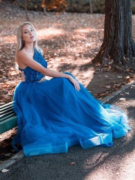 One Shoulder Blue Lace Long Prom Dresses, One Shoulder Blue Formal Dresses, Blue Lace Evening Dresses SP2113