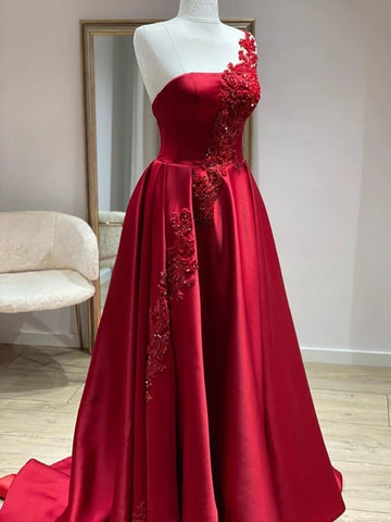One Shoulder Burgundy Satin Long Prom Dresses with Lace Appliques, Burgundy Lace Formal Graduation Evening Dresses SP2342
