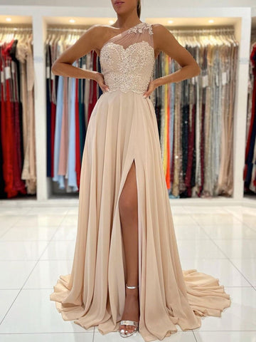 One Shoulder Champagne Lace Long Prom Dresses with Leg Slit, Champagne Lace Formal Graduation Evening Dresses SP2153
