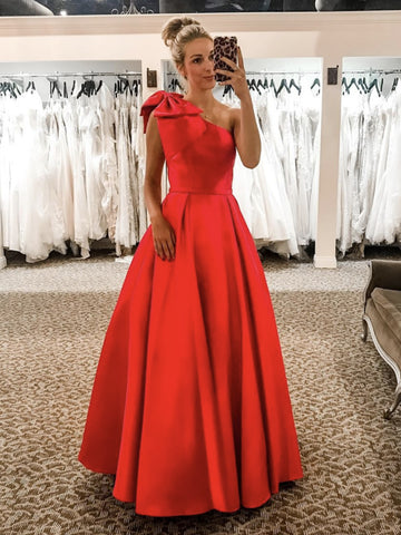 One Shoulder Floor Length Red Satin Long Prom Dresses, One Shoulder Red Formal Dresses, Red Evening Dresses