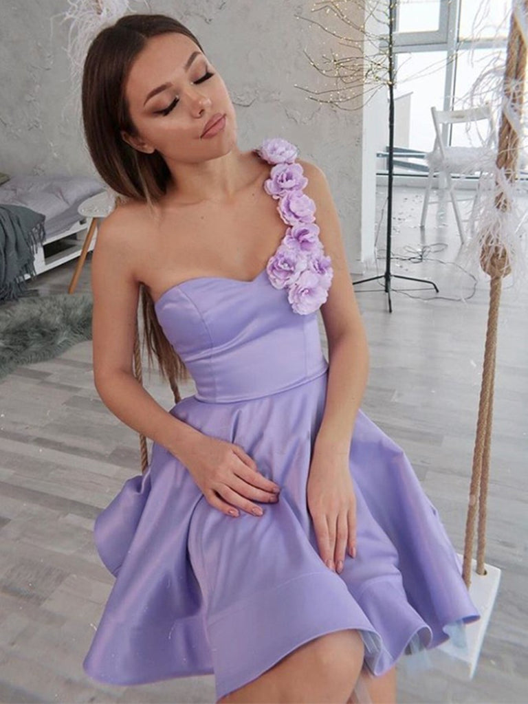 One Shoulder Floral Short Purple Prom Dresses, 3D Flowers Purple Homecoming Dresses, Purple Formal Evening Dresses