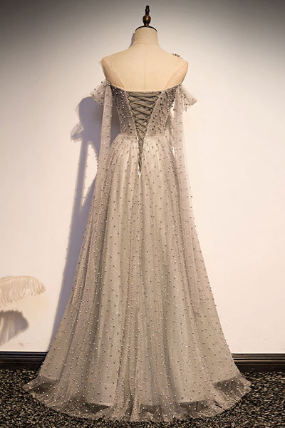 One Shoulder Gray Long Prom Dresses with Beads, Long Grey Formal Dresses, Gray Beaded Evening Dresses