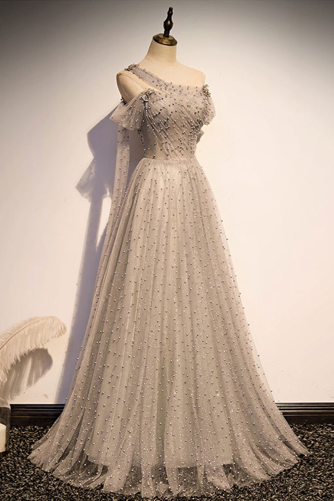 One Shoulder Gray Long Prom Dresses with Beads, Long Grey Formal Dress – Shiny Party