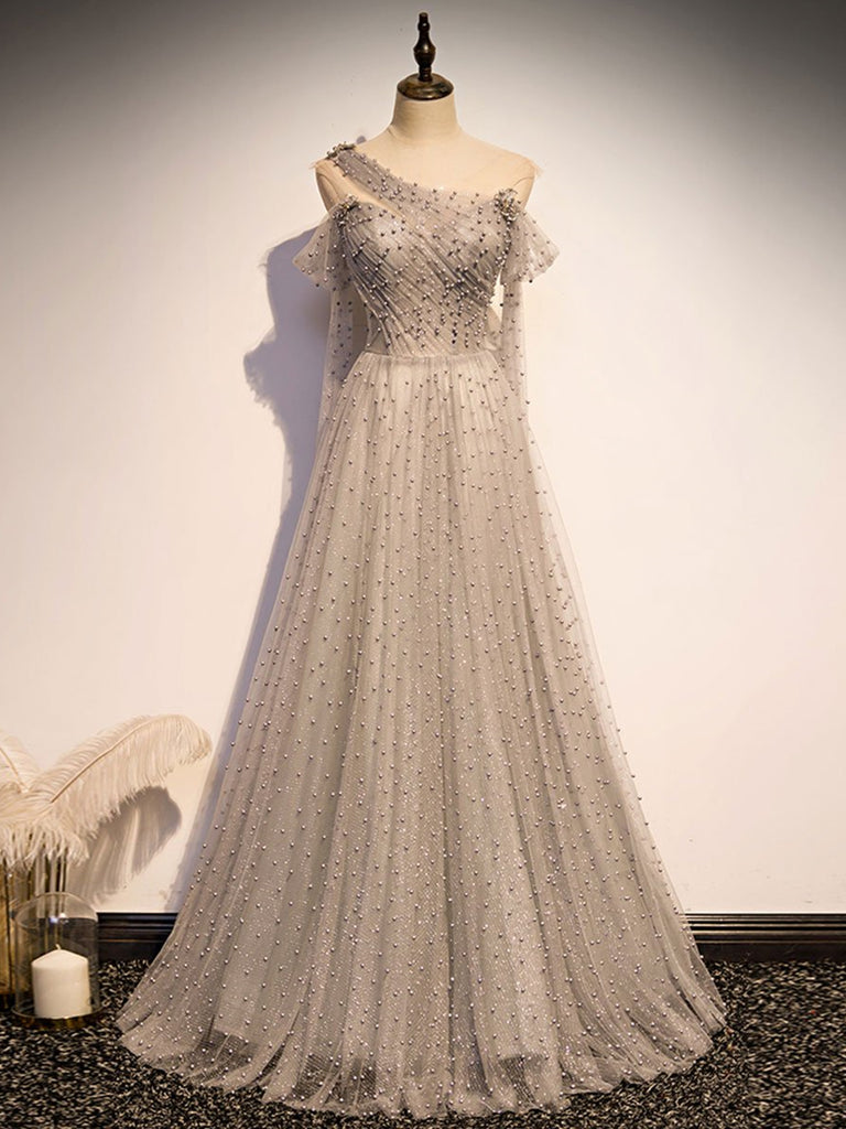 One Shoulder Gray Long Prom Dresses with Beads, Long Grey Formal Dress Shiny Party One Shoulder Gray Long Prom Dresses with Beads, Long Grey Formal Dress Shiny Party