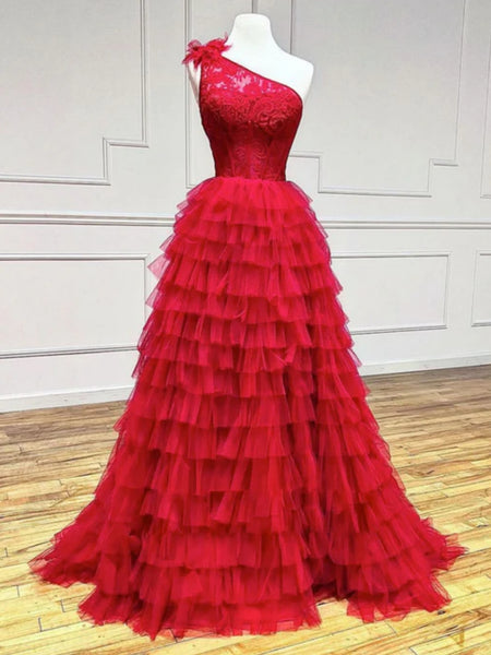 One Shoulder Layered Tulle Red Lace Long Prom Dresses, Red Lace Formal Graduation Evening Dresses SP2508