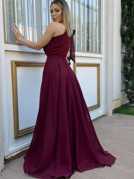 One Shoulder Maroon Chiffon Long Prom Dresses, One Shoulder Burgundy Formal Dresses, Burgundy Evening Dresses SP2500