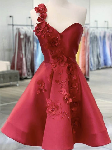 One Shoulder Open Back Burgundy Floral Prom Dresses, Wine Red Floral Formal Evening Homecoming Dresses