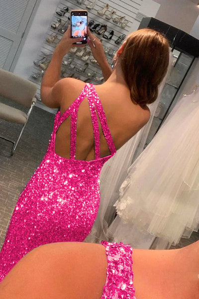 One Shoulder Open Back Mermaid Hot Pink Sequins Long Prom Dresses with High Slit, Mermaid Hot Pink Formal Graduation Evening Dresses SP2283