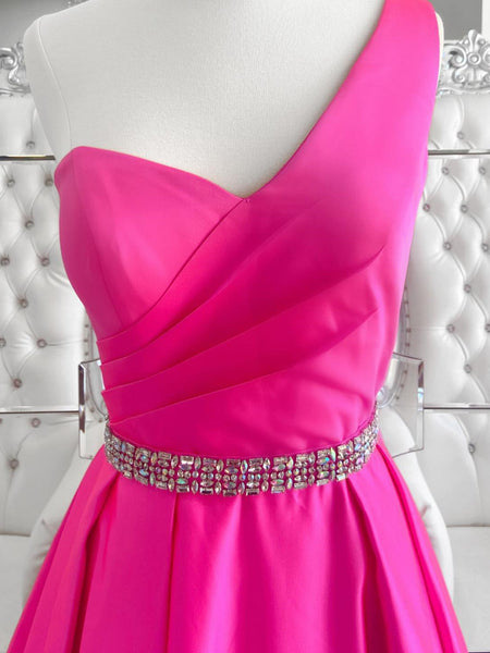 One Shoulder Open Back Pink Long Prom Dresses with Belt, One Shoulder Pink Formal Dresses, Pink Evening Dresses SP2149