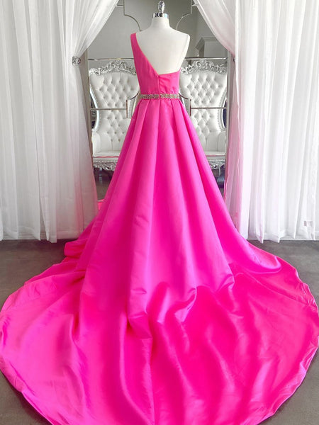 One Shoulder Open Back Pink Long Prom Dresses with Belt, One Shoulder Pink Formal Dresses, Pink Evening Dresses SP2149