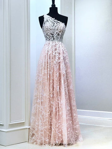 One Shoulder Pink Lace Long Prom Dresses, Long Pink Lace Formal Graduation Evening Dresses