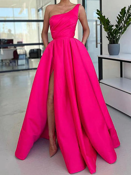 One Shoulder Pink Satin Long Prom Dresses with High Slit, Long Pink Formal Graduation Evening Dresses SP2528