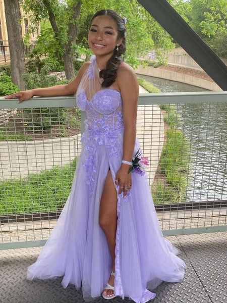 One Shoulder Purple Lace Floral Long Prom Dresses with High Slit, One Shoulder Lilac Formal Dresses with 3D Flowers, Purple Evening Dresses SP2582