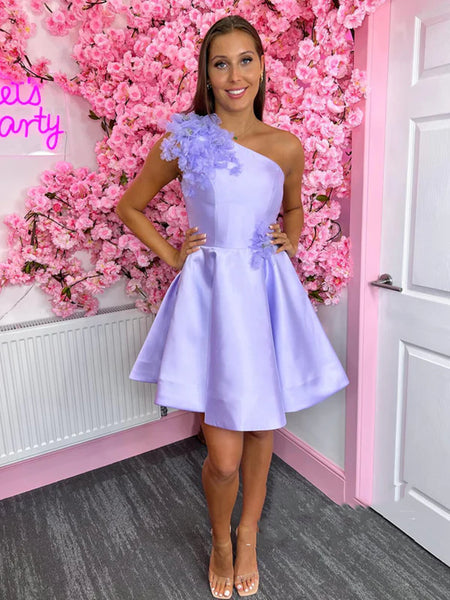 One Shoulder Purple Satin Short Prom Homecoming Dresses, One Shoulder Lilac Formal Graduation Evening Dresses SP2449