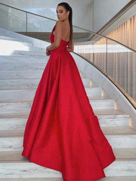 One Shoulder Red Satin Long Prom Dresses with High Slit, Long Red Formal Graduation Evening Dresses SP2622