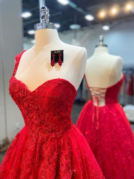 One Shoulder Sweetheart Neck Red Lace Long Prom Dresses, Red Lace Formal Dresses, Red Evening Dresses SP2150