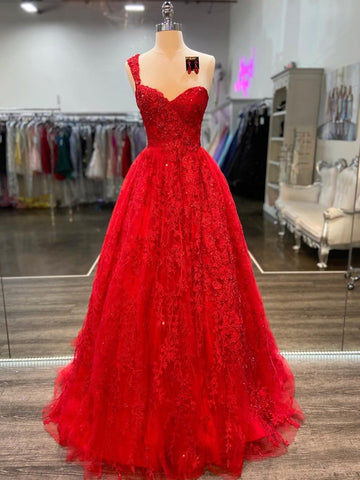 One Shoulder Sweetheart Neck Red Lace Long Prom Dresses, Red Lace Formal Dresses, Red Evening Dresses SP2150