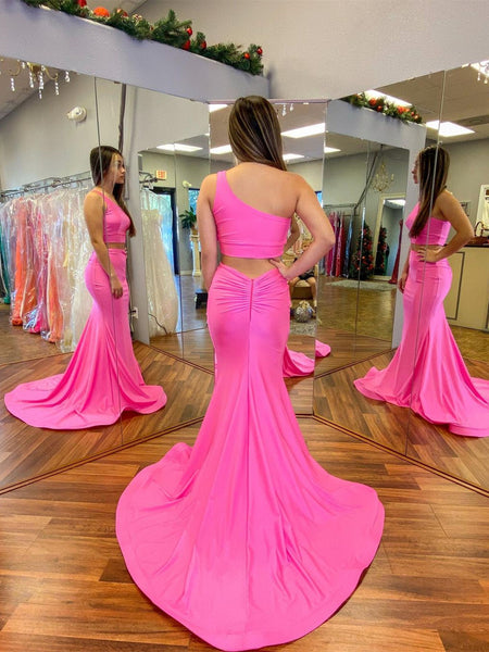 One Shoulder Two Pieces Pink Long Prom Dresses, 2 Pieces Pink Formal Graduation Evening Dresses SP2169