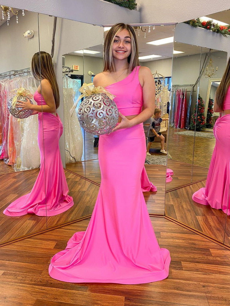 One Shoulder Two Pieces Pink Long Prom Dresses, 2 Pieces Pink Formal Graduation Evening Dresses SP2169