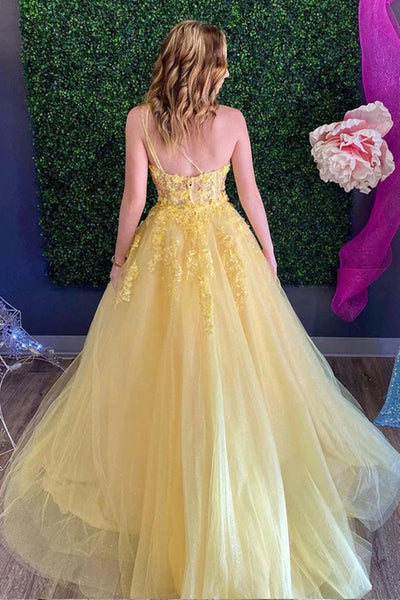 One Shoulder Yellow Lace Floral Long Prom Dresses, Yellow Tulle Lace Formal Dresses, Yellow Evening Dresses SP2284
