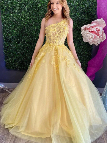 One Shoulder Yellow Lace Floral Long Prom Dresses, Yellow Tulle Lace Formal Dresses, Yellow Evening Dresses SP2284