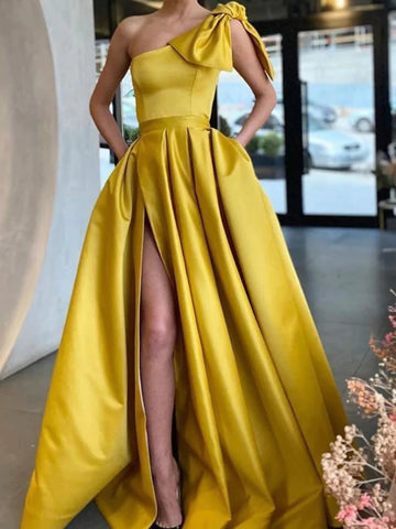 One Shoulder Yellow Satin Long Prom Dresses with High Slit, Long Yellow Formal Graduation Evening Dresses SP2496