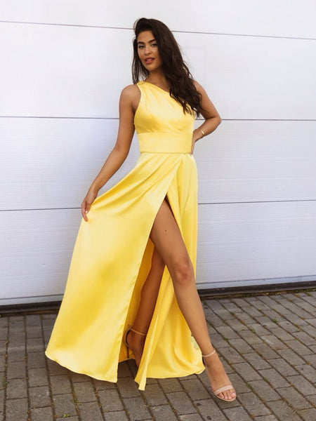 One Shoulder Yellow Satin Long Prom Dresses with High Slit, One Shoulder Yellow Formal Dresses, Yellow Evening Dresses