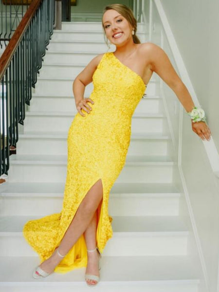 One Shoulder Yellow Sequins Long Prom Dresses with Leg Slit, Long Yellow Formal Graduation Evening Dresses SP2628