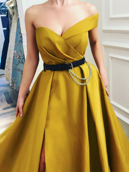 One Shoulder Canary Yellow Ball Gown with Leg Slit, Canary Yellow Long Prom Dresses with Black Belt, Formal Dresses