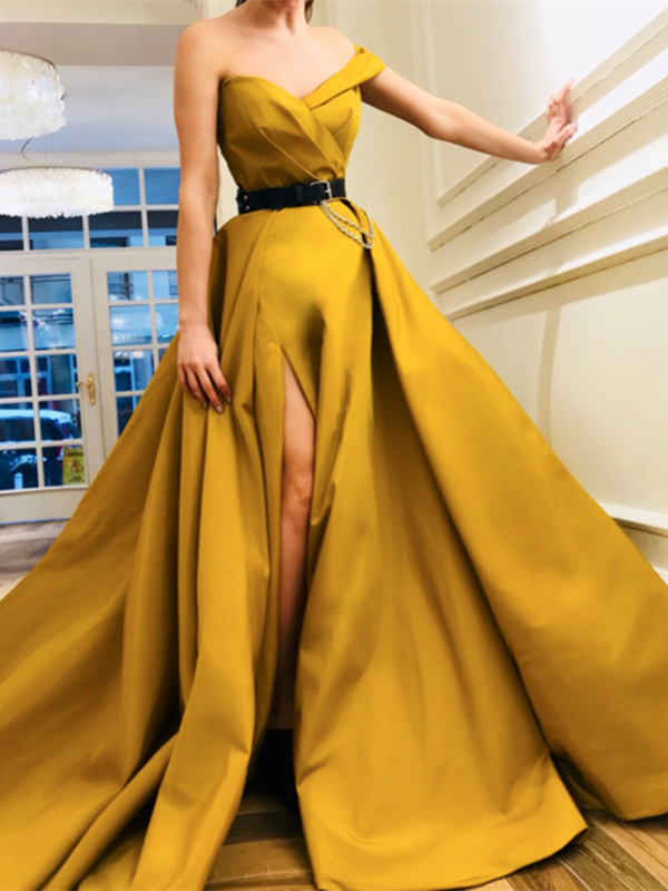One Shoulder Canary Yellow Ball Gown with Leg Slit Canary Yellow Long Prom Dresses with Black Belt Formal Dresses