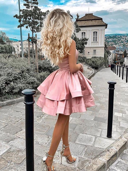 One Shoulder Layered Pink Short Prom Dresses, Pink Layered Homecoming Dresses, Pink Formal Dresses, Evening Dresses