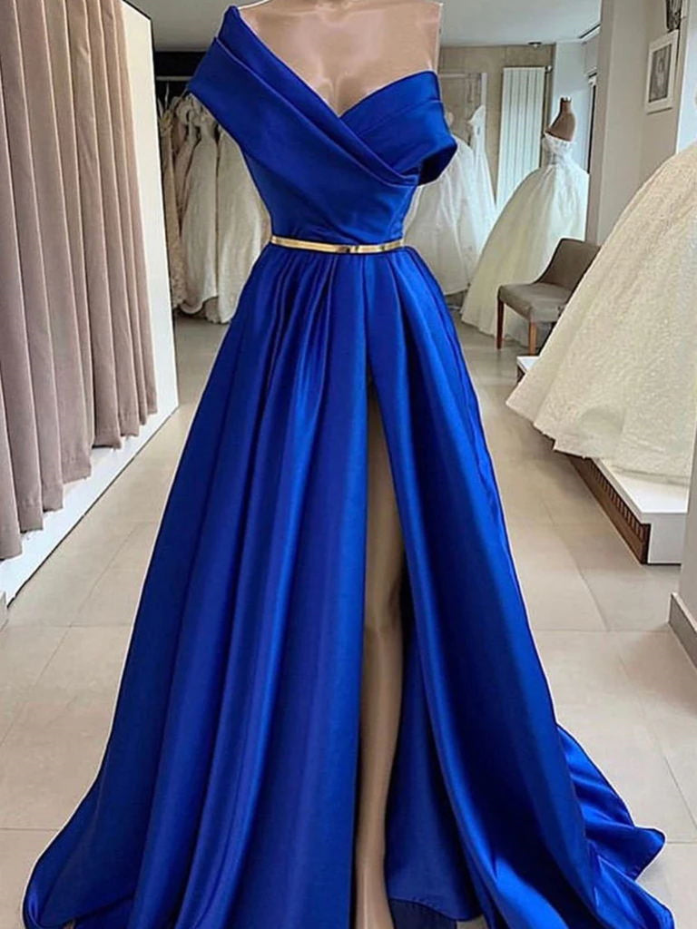 One Shoulder Long Royal Blue Prom Dresses, Royal Blue Long Formal Even