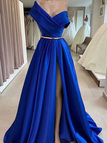 One Shoulder Long Royal Blue Prom Dresses, Royal Blue Long Formal Evening Dresses