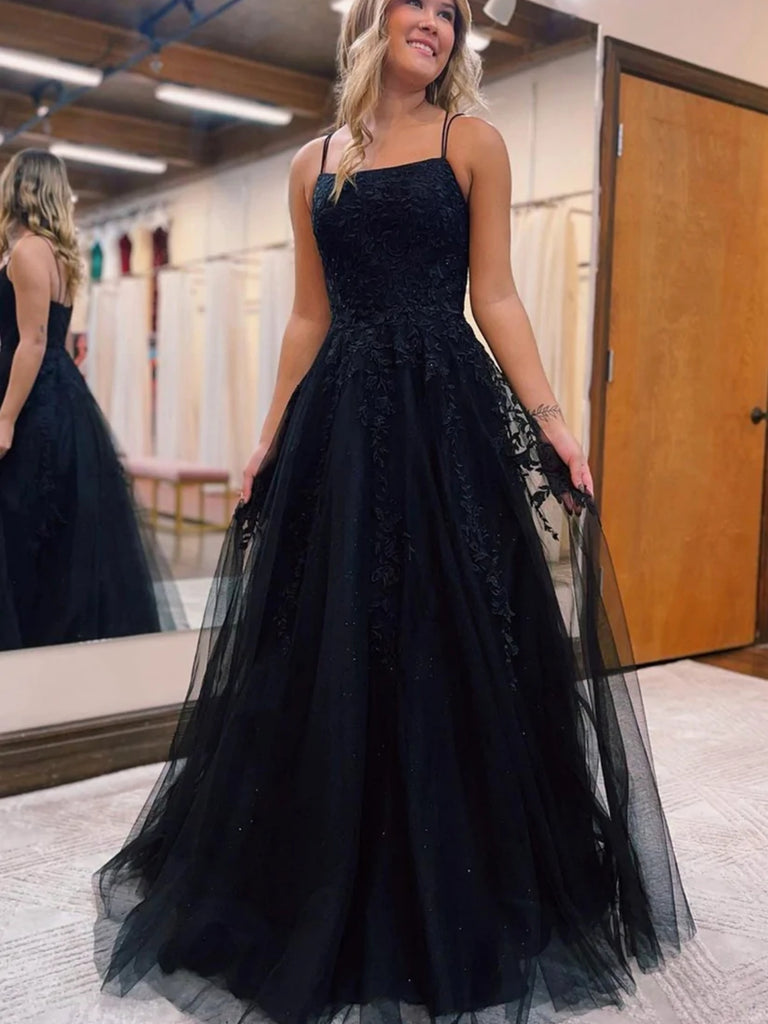 Open Back Black Lace Tulle Long Prom Dresses, Black Lace Formal Dresse Shiny Party Open Back Black Lace Tulle Long Prom Dresses, Black Lace Formal Dresse Shiny Party