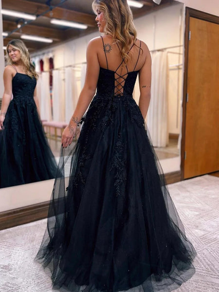 Open Back Black Lace Tulle Long Prom Dresses, Black Lace Formal Dresses, Black Evening Dresses SP2551