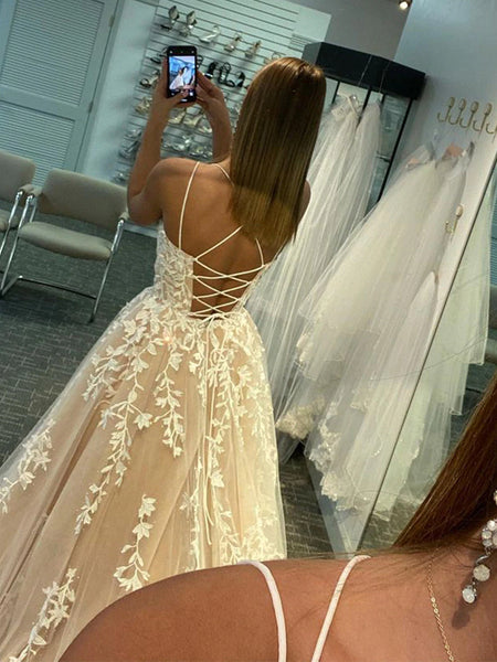 Open Back Champagne Lace Tulle Long Prom Dresses, Champagne Lace Formal Evening Dresses, Champagne Ball Gown SP2402