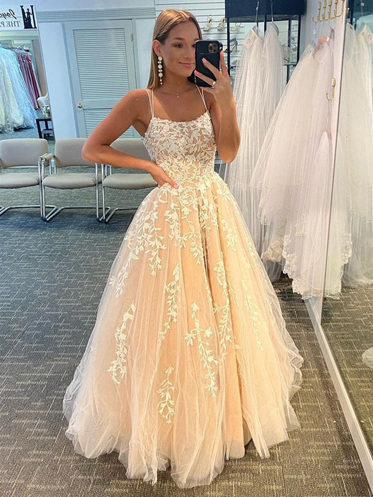 Open Back Champagne Lace Tulle Long Prom Dresses, Champagne Lace Forma Shiny Party Open Back Champagne Lace Tulle Long Prom Dresses, Champagne Lace Forma Shiny Party