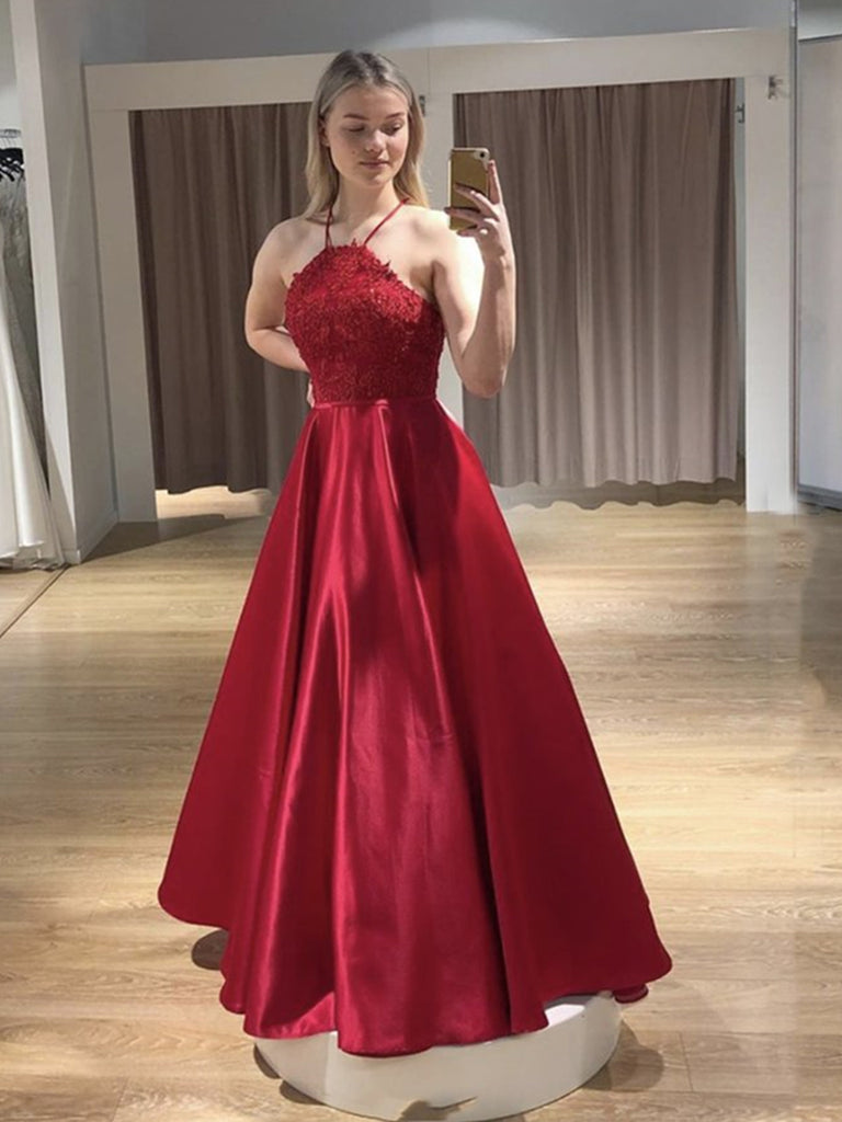 long red graduation dresses Open Back Floor Length Long Red Lace Prom Dresses with Straps, Backles – Shiny Party