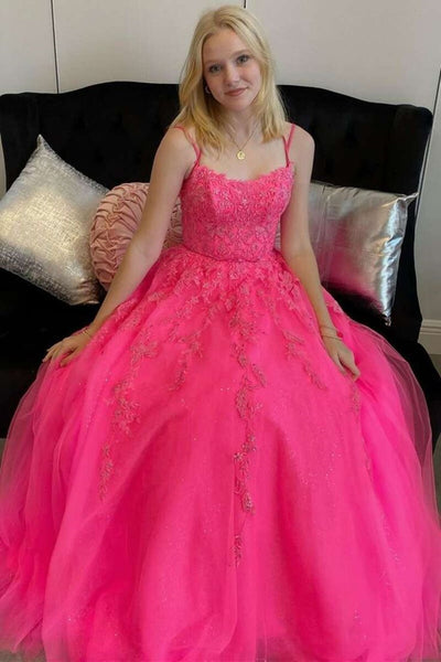 Open Back Hot Pink Tulle Lace Long Prom Dresses, Hot Pink Lace Formal Graduation Evening Dresses SP2245