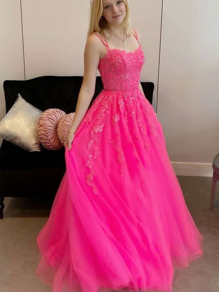 Open Back Hot Pink Tulle Lace Long Prom Dresses, Hot Pink Lace Formal Graduation Evening Dresses SP2245