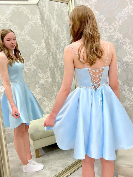 Open Back Light Blue Short Prom Homecoming Dresses with Belt, Light Blue Formal Graduation Evening Dresses SP2445