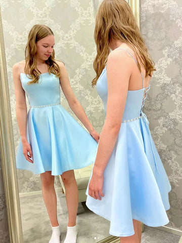Open Back Light Blue Short Prom Homecoming Dresses with Belt, Light Blue Formal Graduation Evening Dresses SP2445